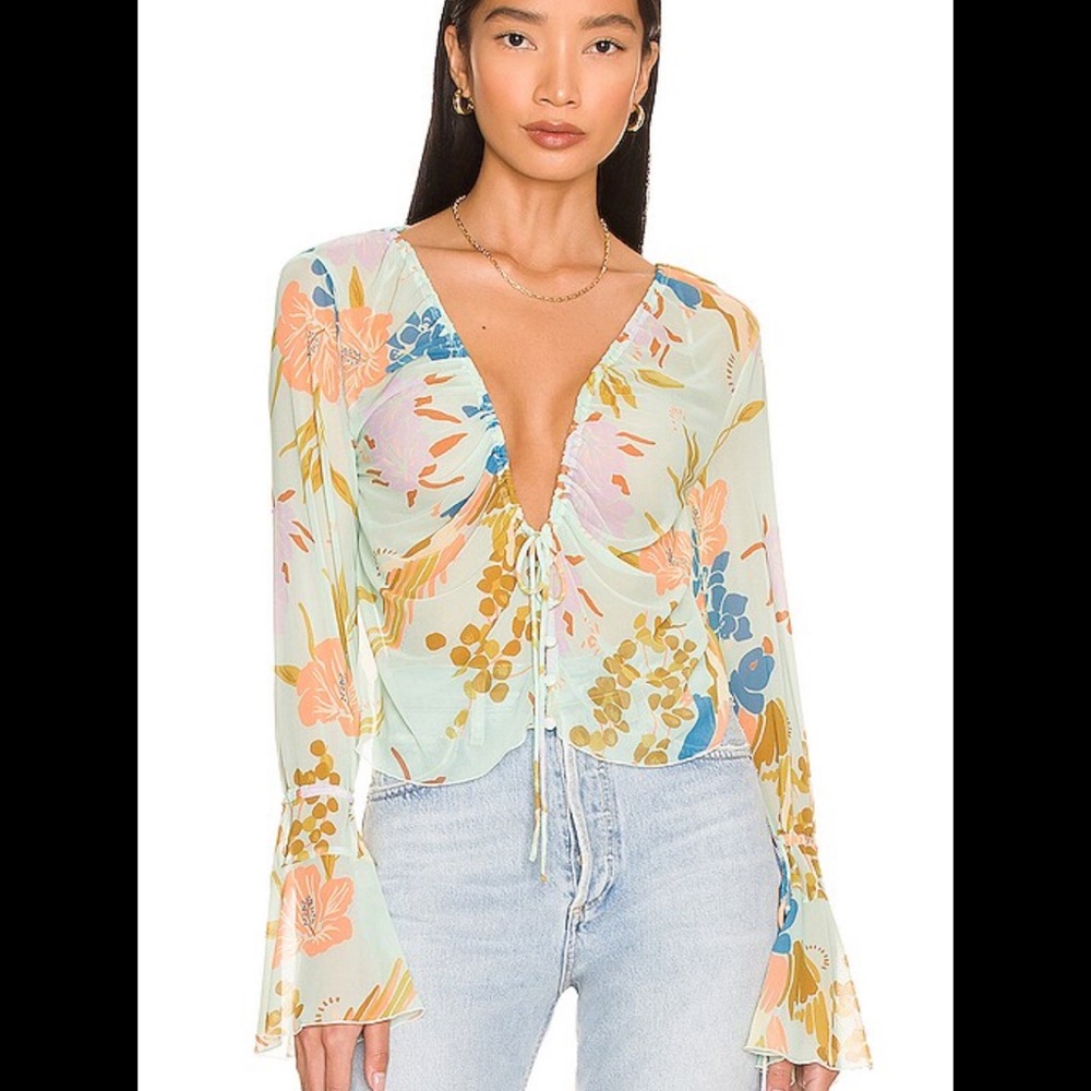 Free People of Paradise Top Mint Green Combo Floral Medium New with tags